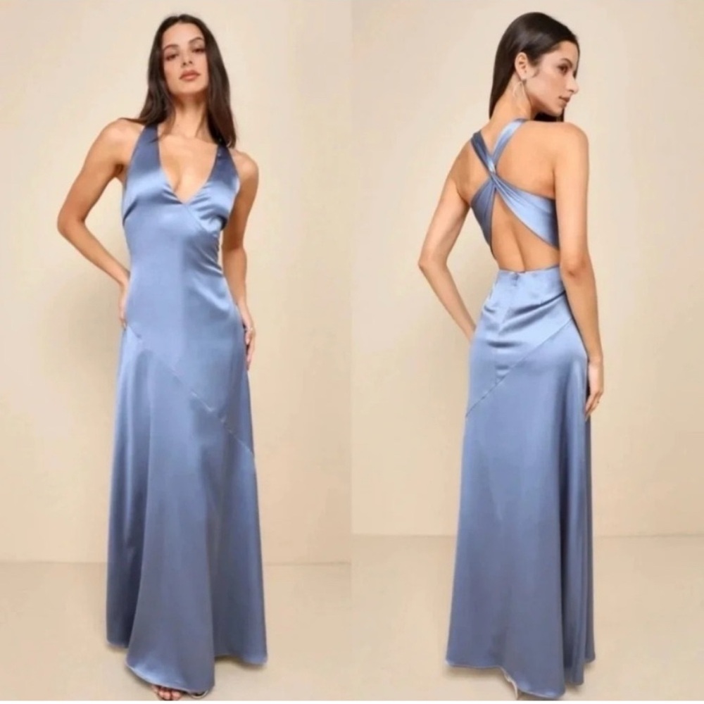 Lulus Purely Elegant Slate Blue Satin Twist Back Maxi Dress Wedding Party Small